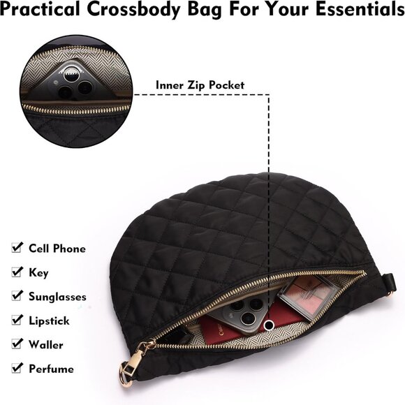 Black Quilted Puffer Crossbody Bag for Women with Adjustable Strap and Large Cap - Picture 3 of 6